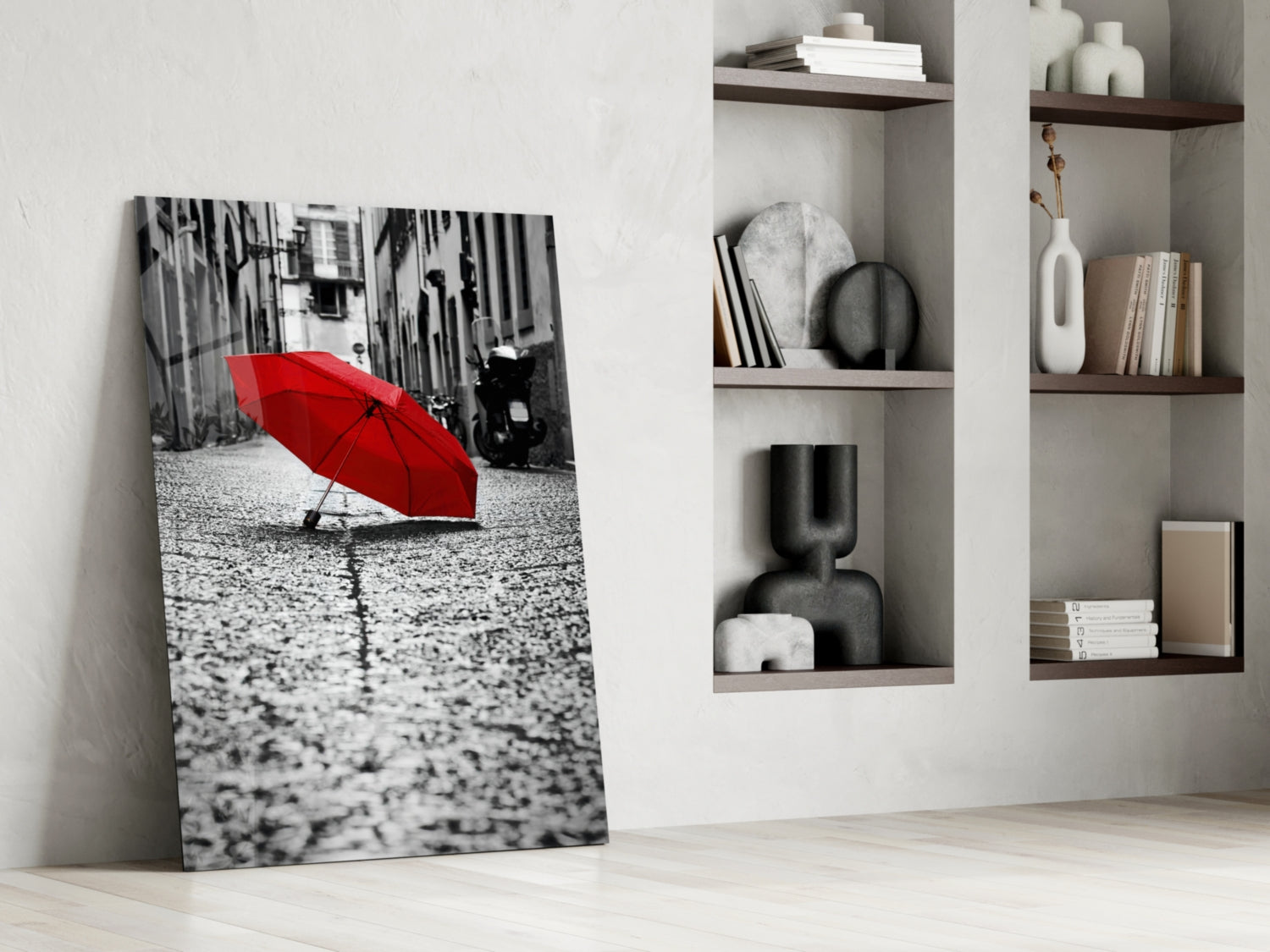 Lone Red Umbrella Cobblestone Street Glass Wall Art