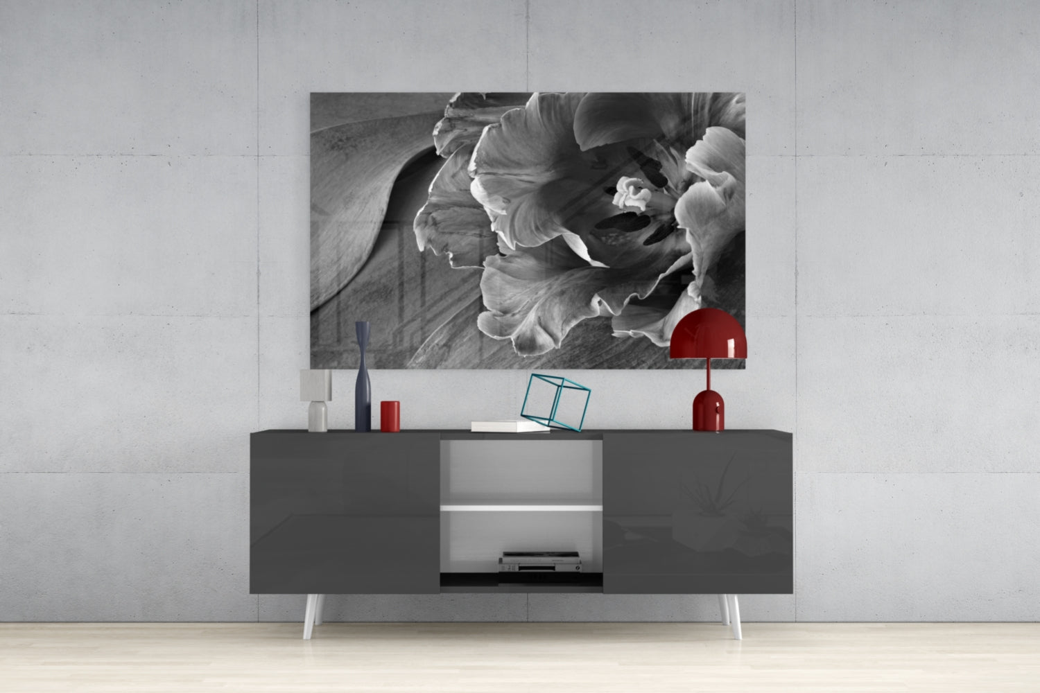 Monochrome Parrot Tulip Glass Wall Art
