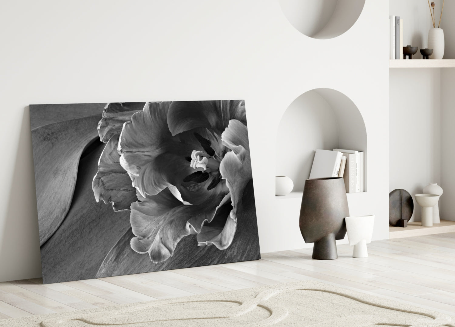 Monochrome Parrot Tulip Glass Wall Art