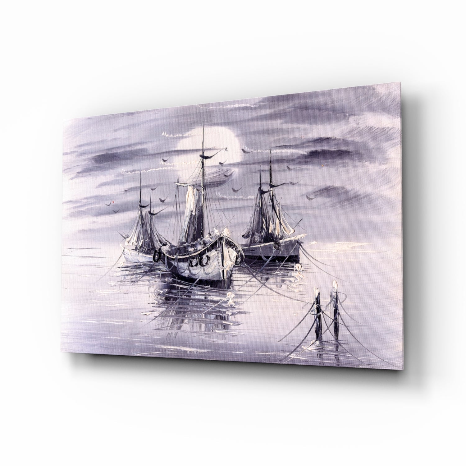 Moonlit Tall Ships In Lavender Mist Glass Wall Art