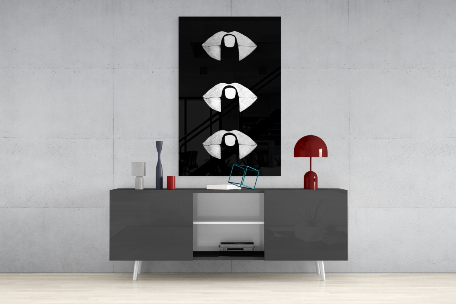 White Lips Trio on Black Glass Wall Art