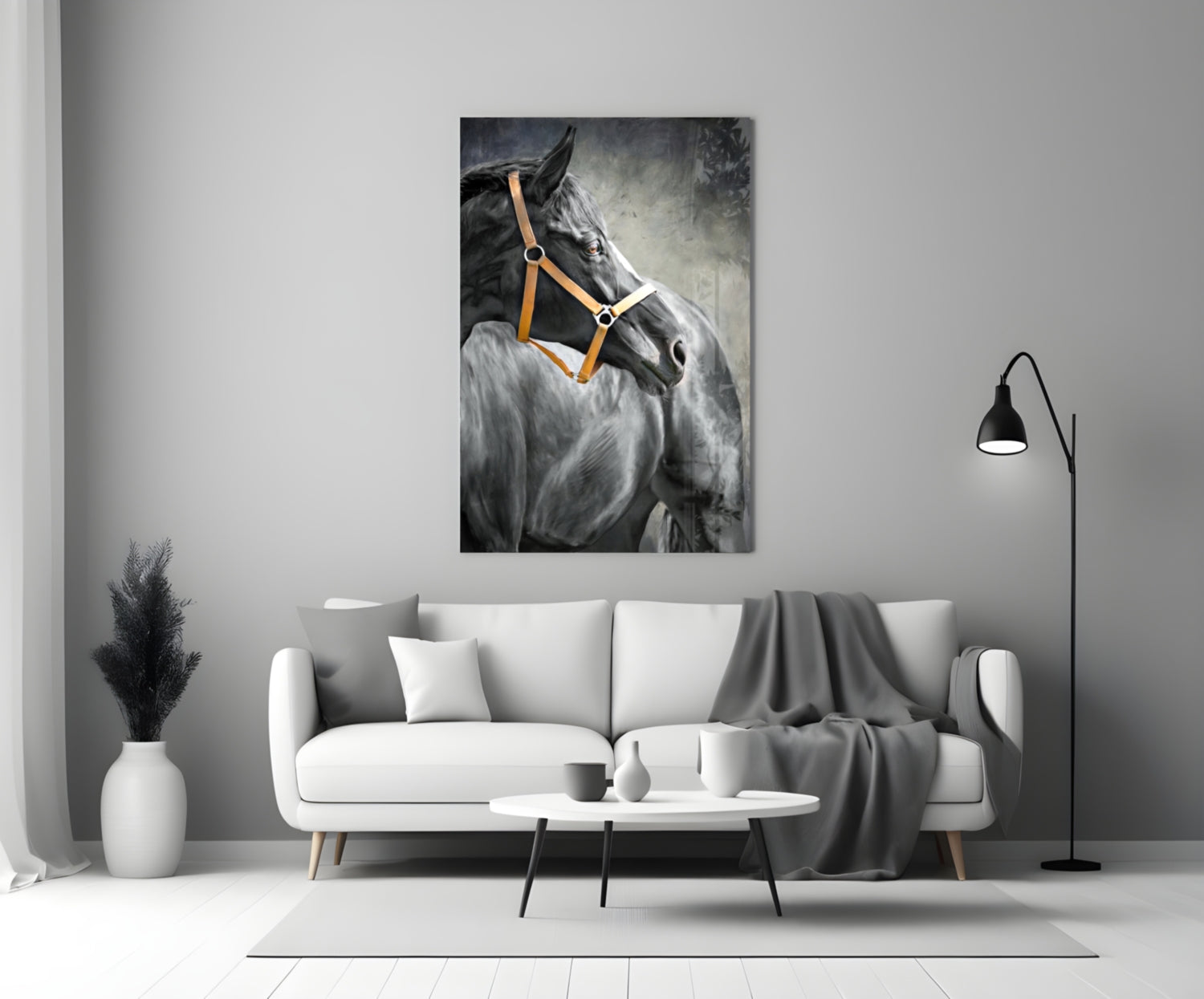 Black Horse Leather Halter Glass Wall Art