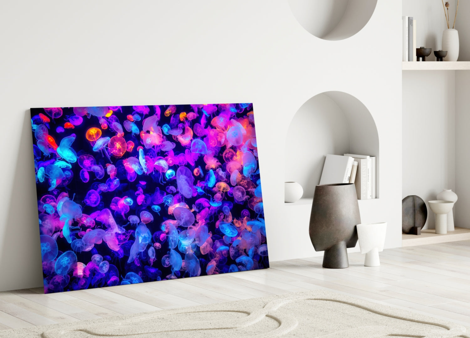 Glowing Jellyfish Bloom Neon Glass Wall Art