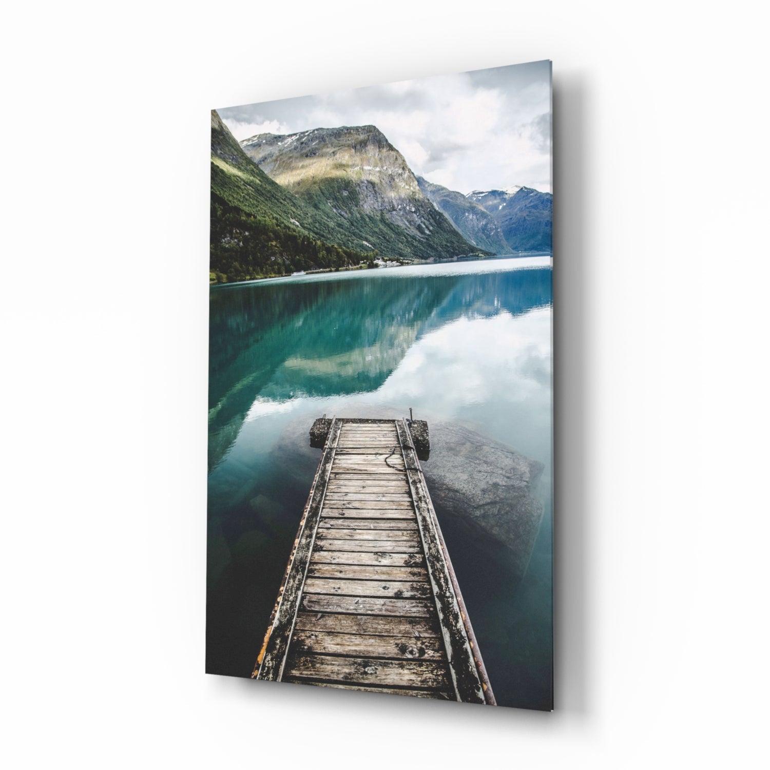 Turquoise Fjord Mountain Jetty Glass Wall Art