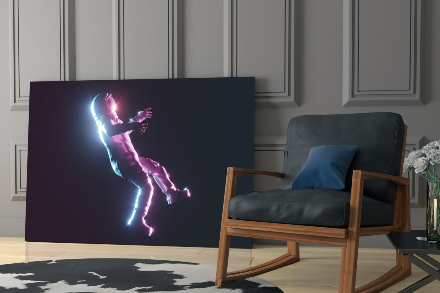 Neon Lit Floating Figure Glass Wall Art