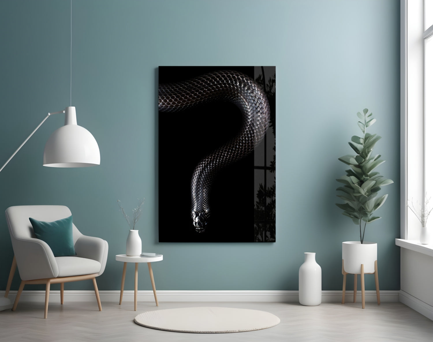 Silver Scaled Snake Descending Dark Glass Wall Art