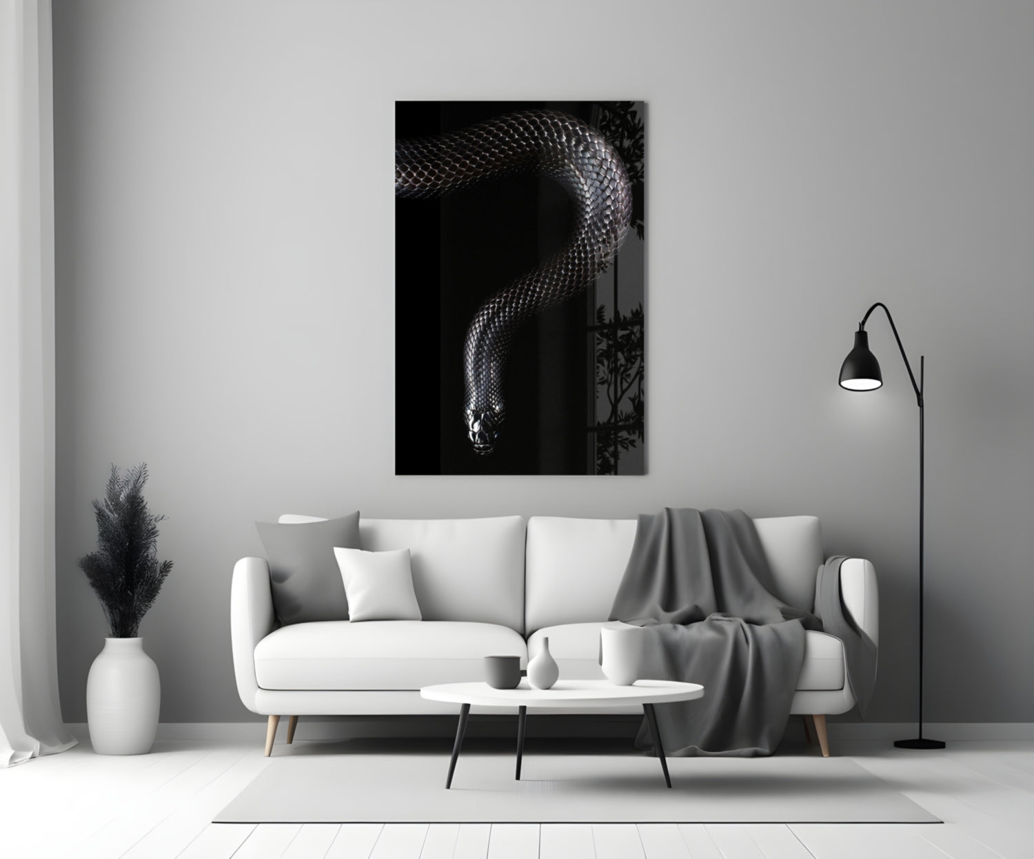 Silver Scaled Snake Descending Dark Glass Wall Art