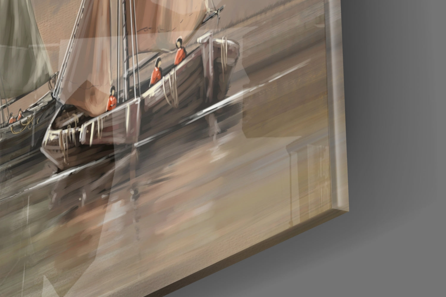 Misty Harbor Fishing Boats Sepia Glass Wall Art
