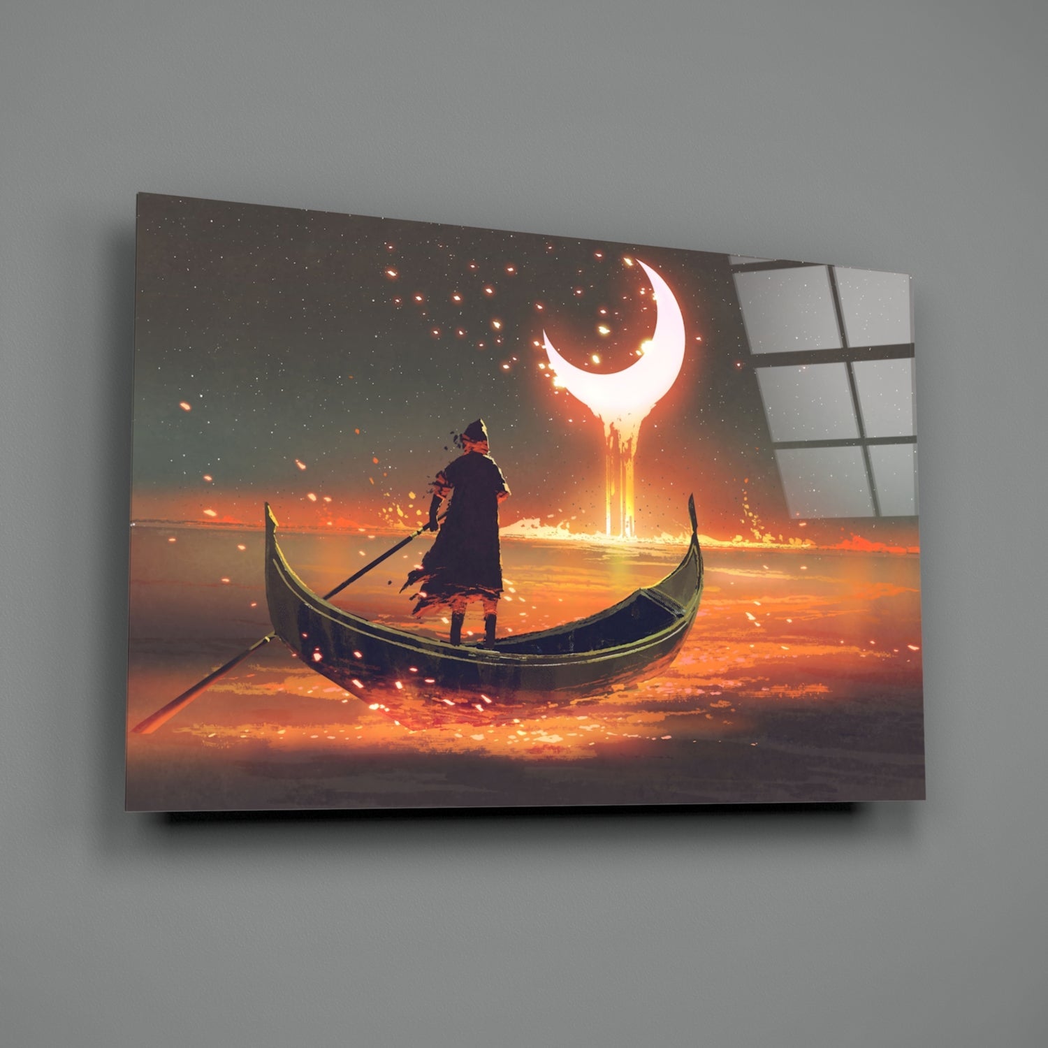 Golden Molten Moon Rower Sunset Glass Wall Art