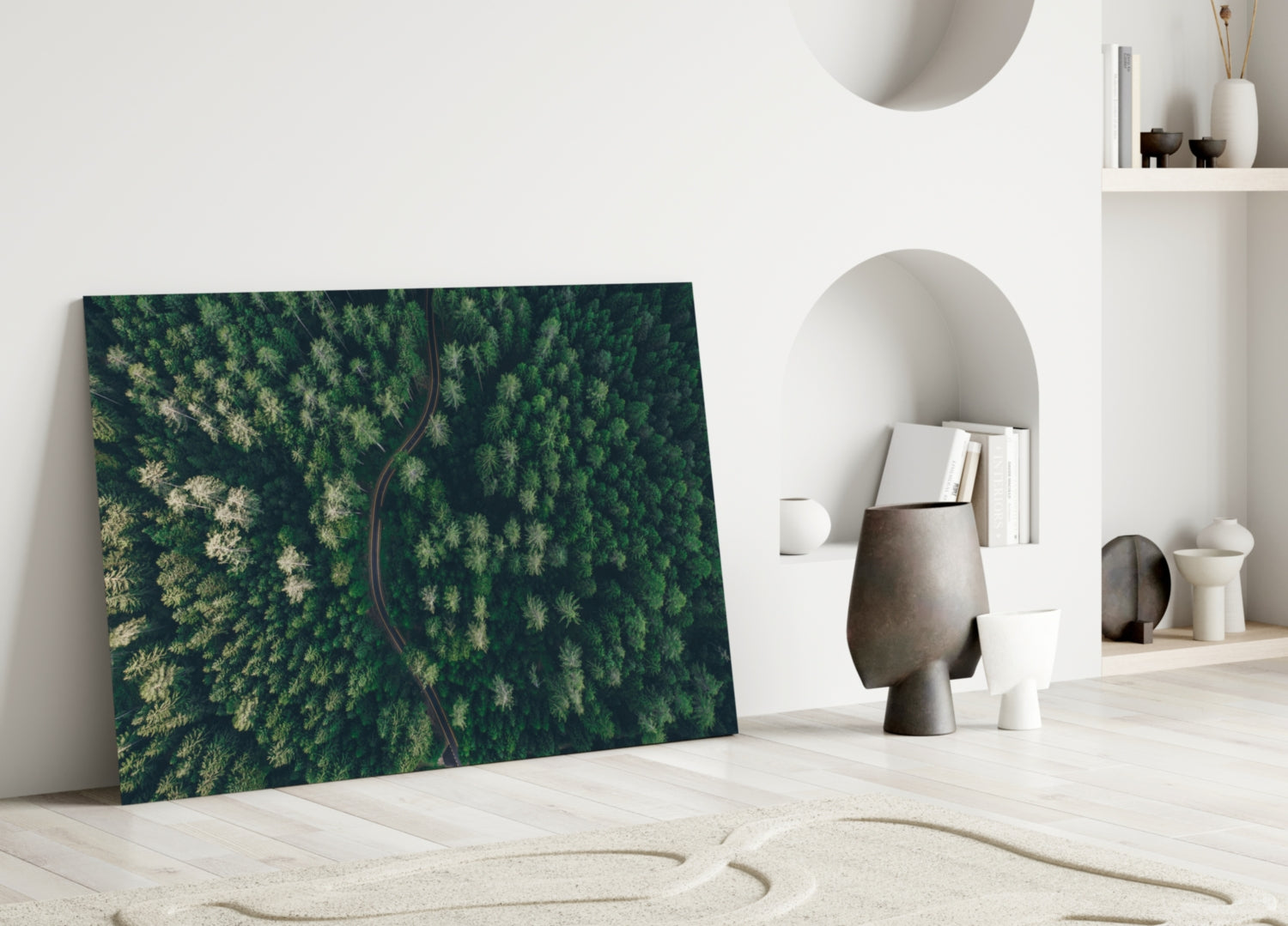 Aerial Woodland Curved Road Glass Wall Art