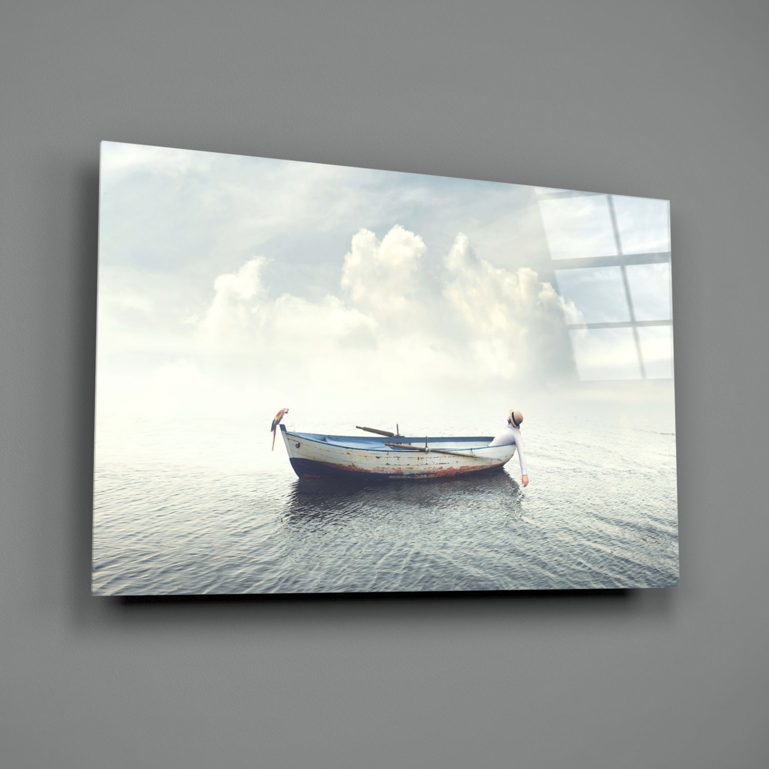 Misty Ocean Rowboat And Macaw Glass Wall Art