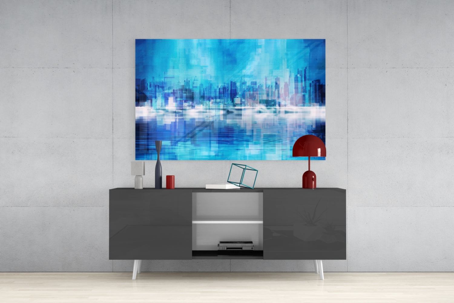 Blue City Skyline Reflection Glass Wall Art