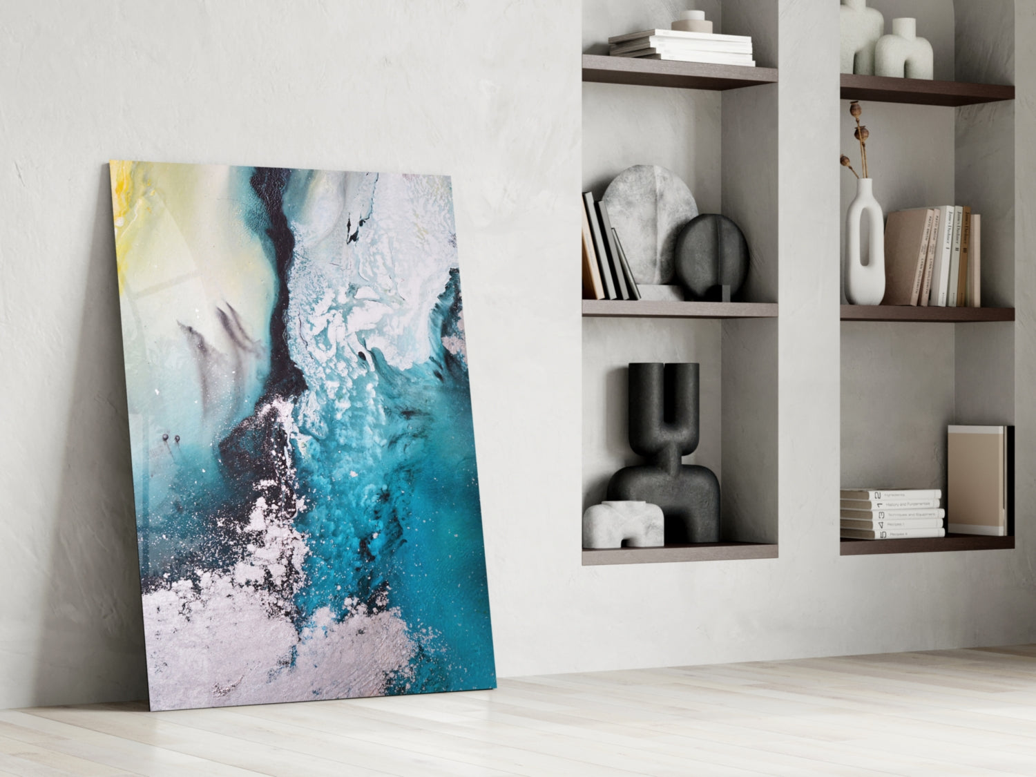 Teal Yellow Ink Cascade Glass Wall Art