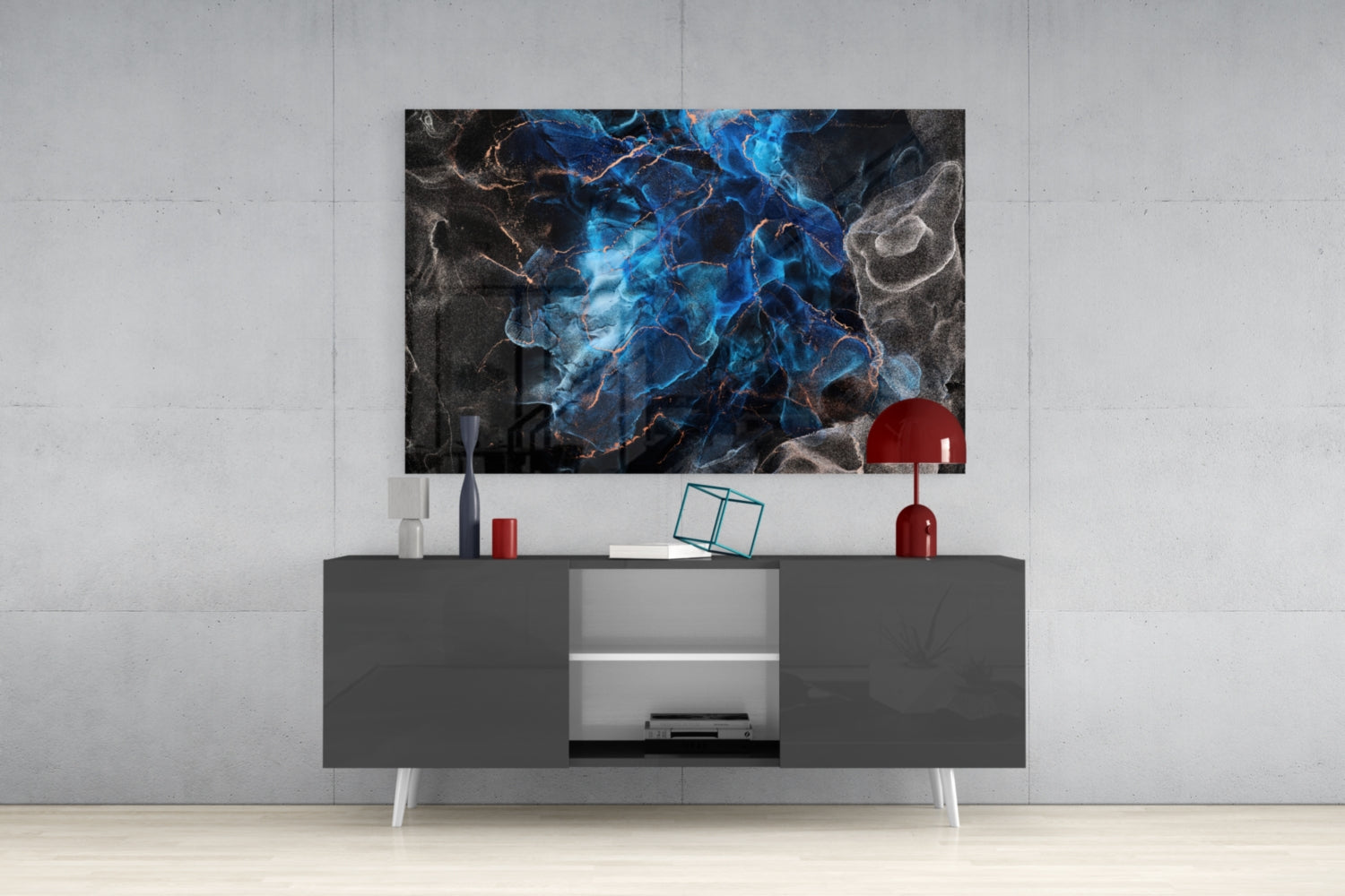 Sapphire Blue Ink Flow Glass Wall Art