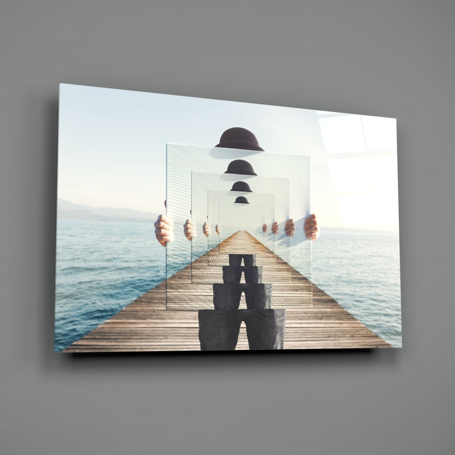 Surreal Recursive Pier Bowler Hat Man Glass Wall Art