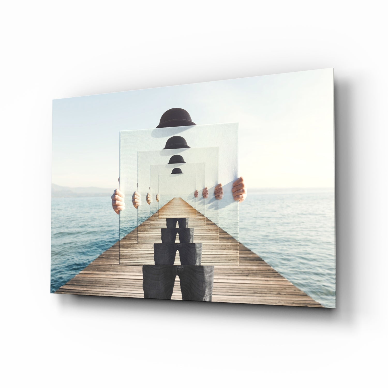 Surreal Recursive Pier Bowler Hat Man Glass Wall Art