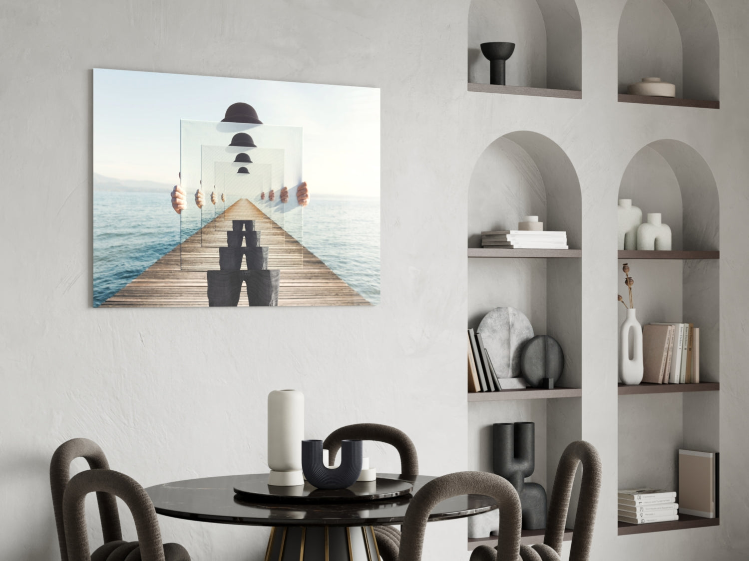 Surreal Recursive Pier Bowler Hat Man Glass Wall Art