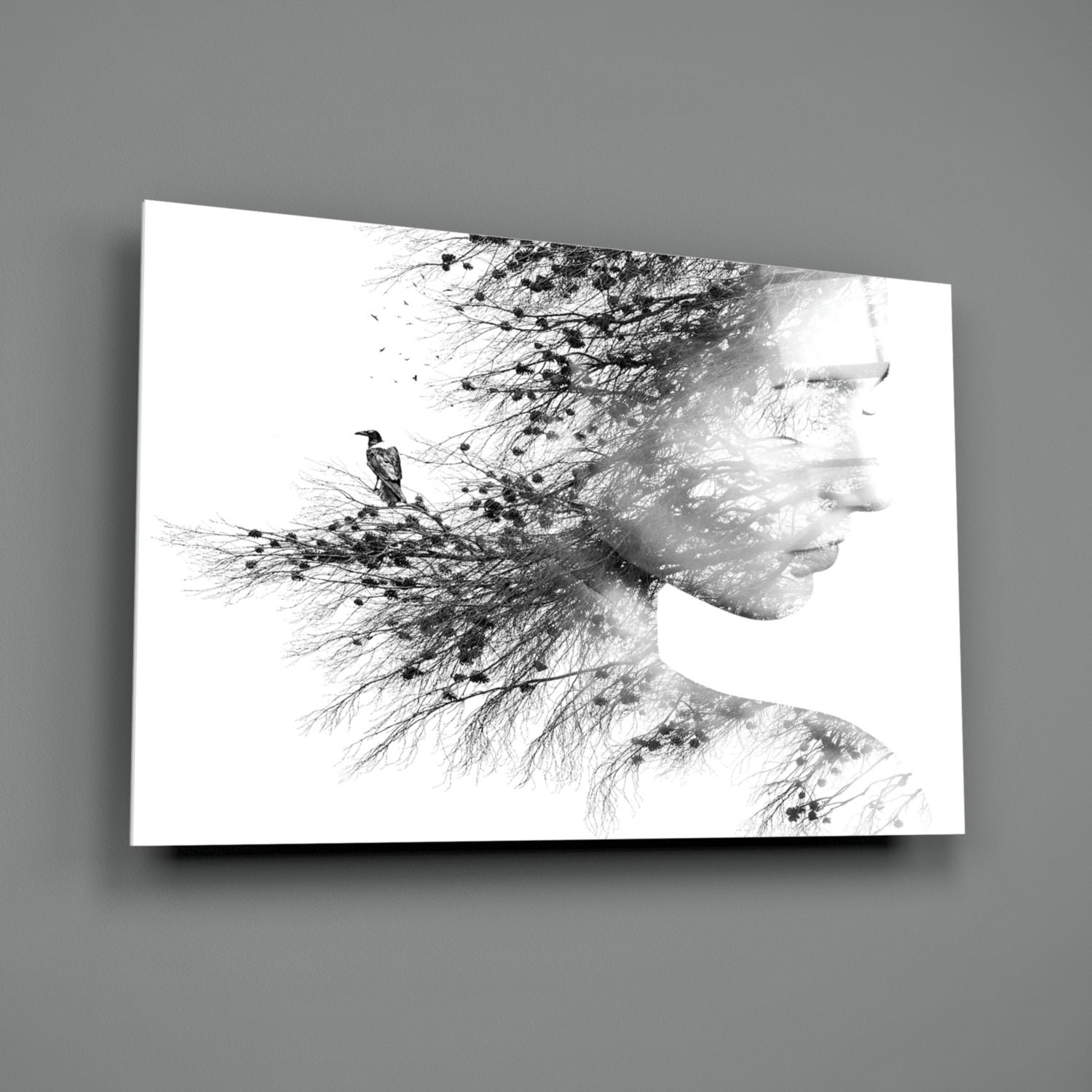 Black And White Tree Branch Woman Profile Glass Wall Art