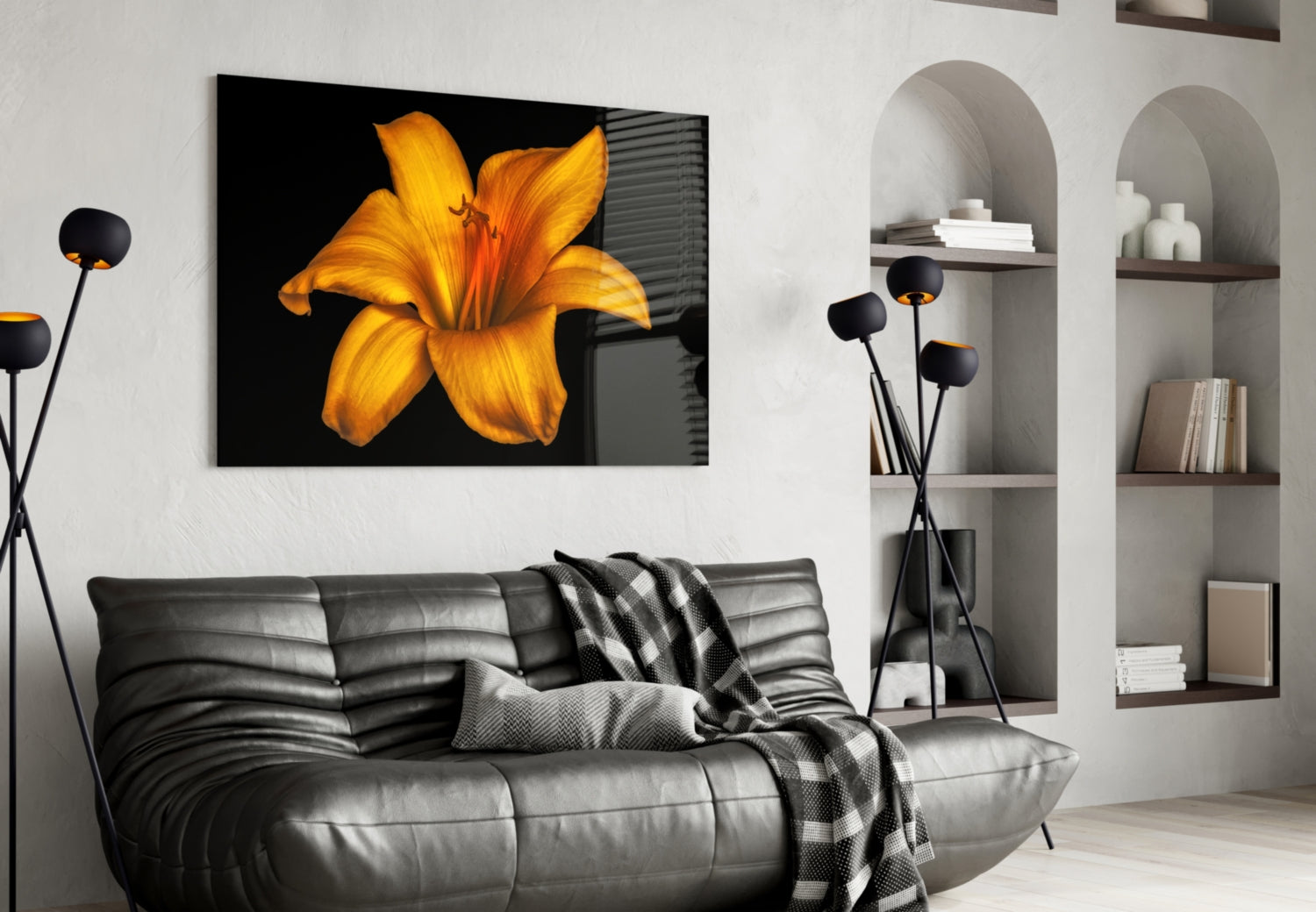 Golden Orange Lily On Black Glass Wall Art