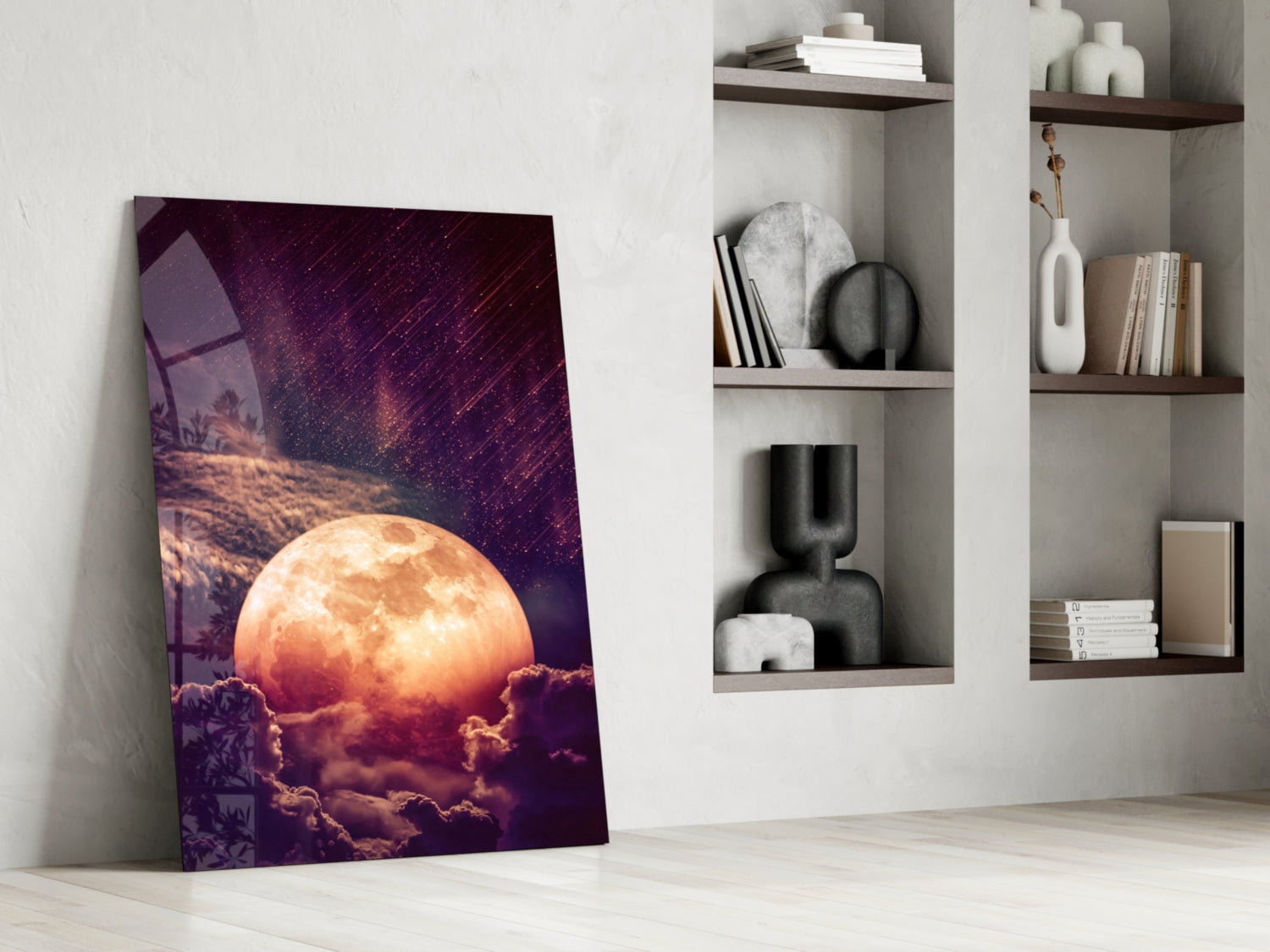 Copper Full Moon Above Clouds Glass Wall Art