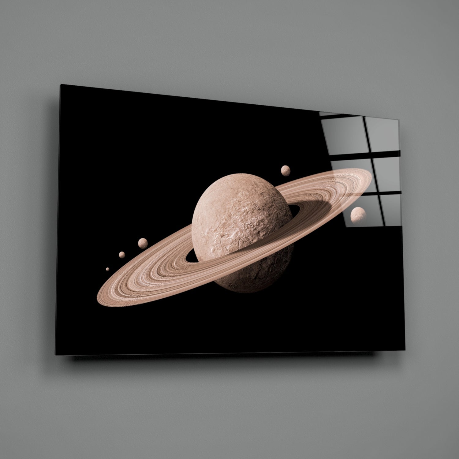 Pale Rose Ringed Planet on Black Glass Wall Art