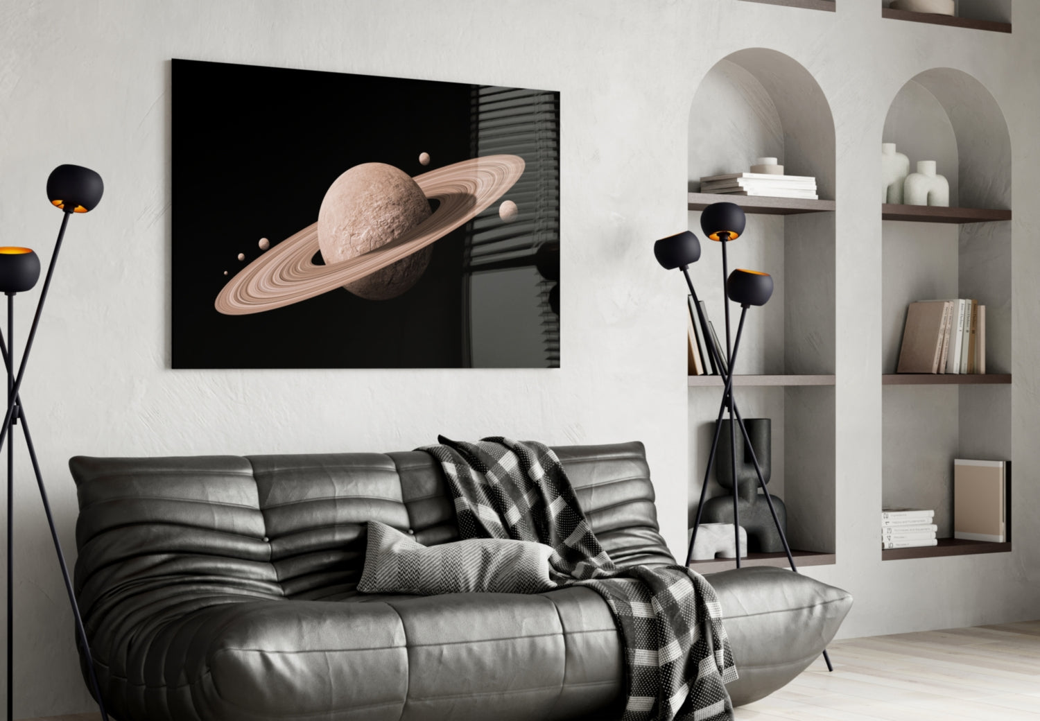 Pale Rose Ringed Planet on Black Glass Wall Art