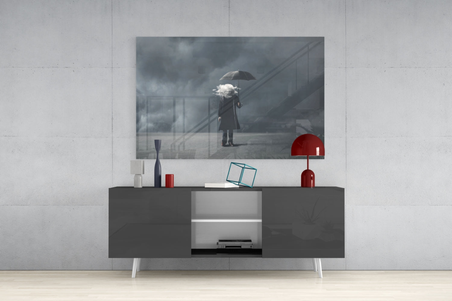 Cloud Head Man With Umbrella Fog Glass Wall Art