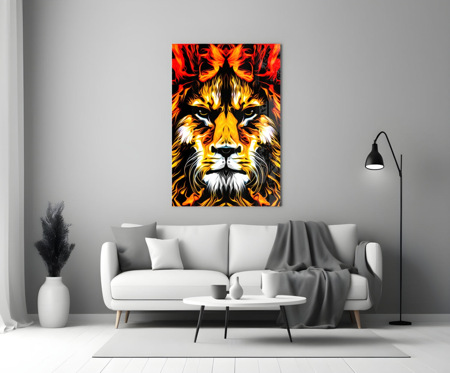 Blazing Fire Lion Portrait Glass Wall Art