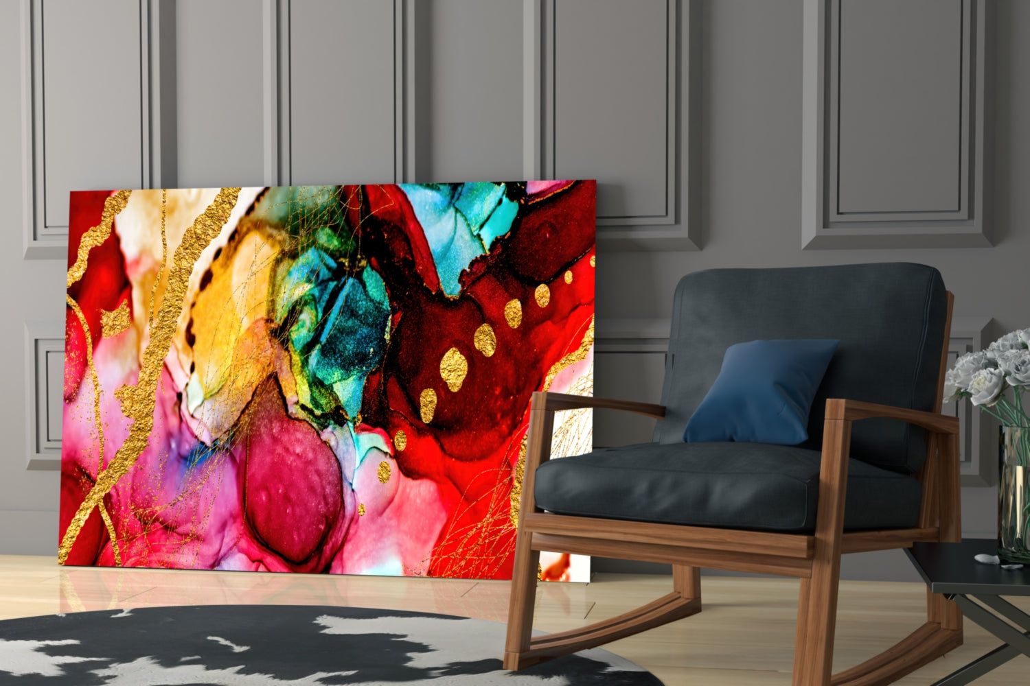 Gold Vein Crimson Ink Glass Wall Art