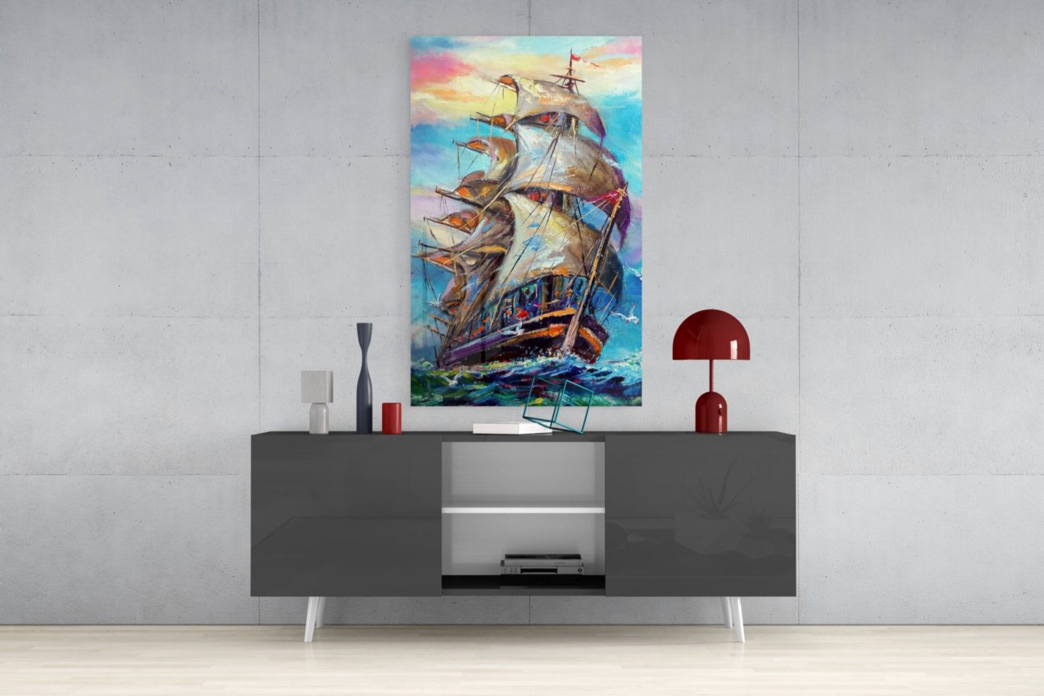 Tall Ship Under Pastel Sky Painting Glass Wall Art