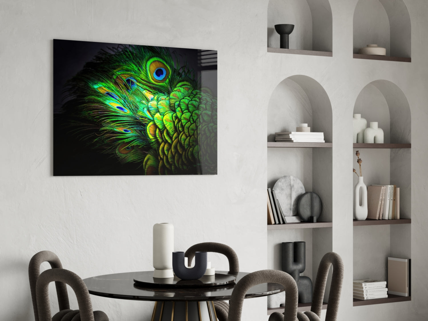 Emerald Peacock Plumage Closeup Glass Wall Art