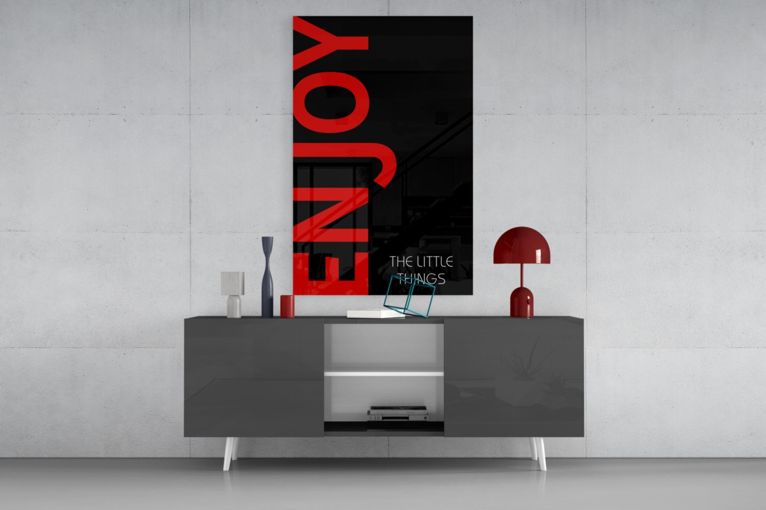 Red Enjoy Typography On Black Glass Wall Art