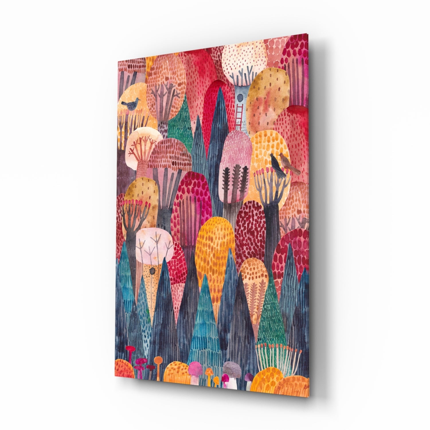Whimsical Folk Art Pink Domed Trees Glass Wall Art