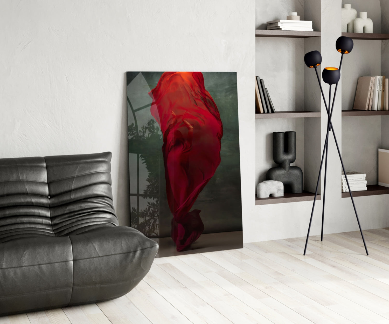 Crimson Silk Veil Dancer Glass Wall Art