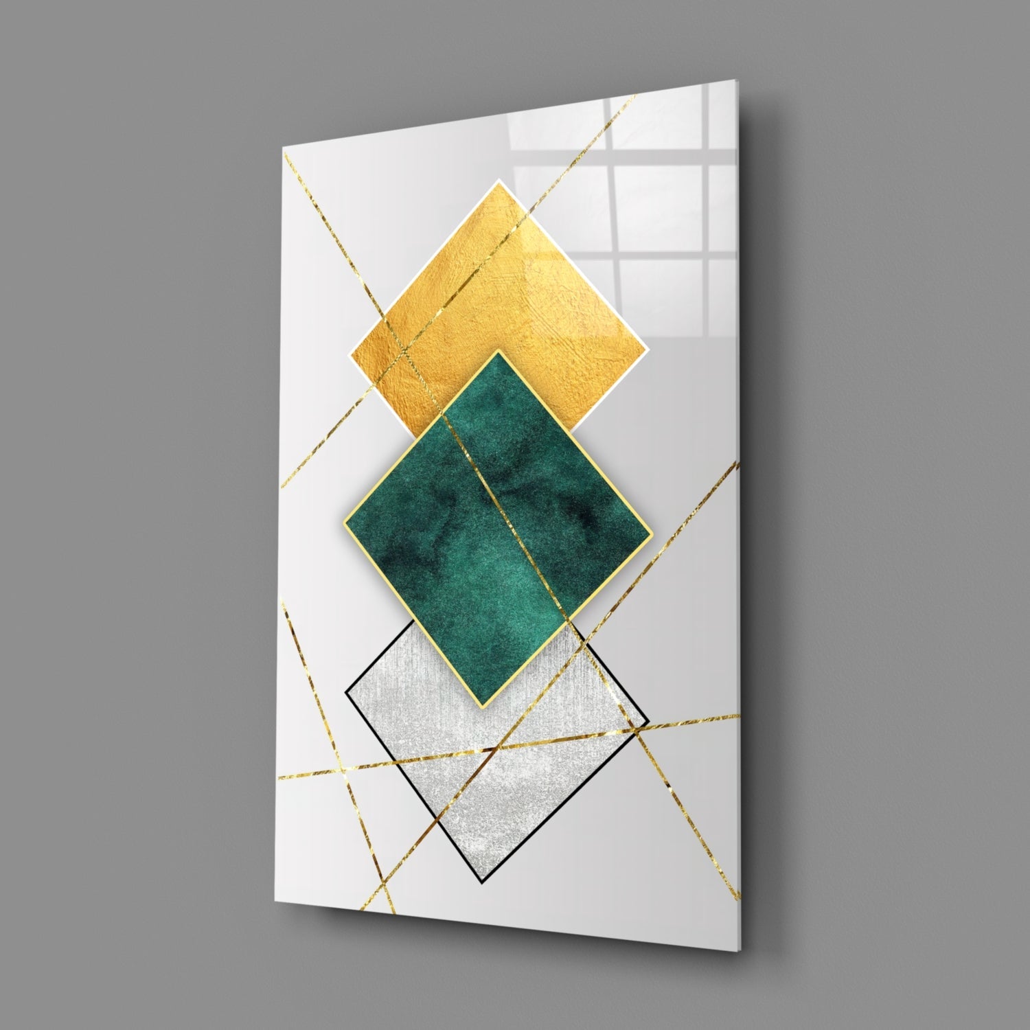 Gold and Emerald Diamond Geometry Glass Wall Art