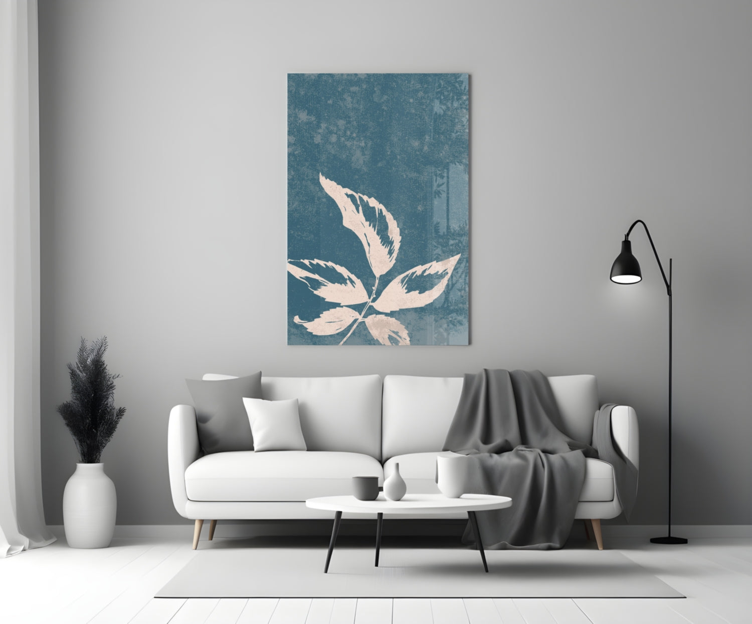 Blue Cyanotype Leaf Silhouette Glass Wall Art