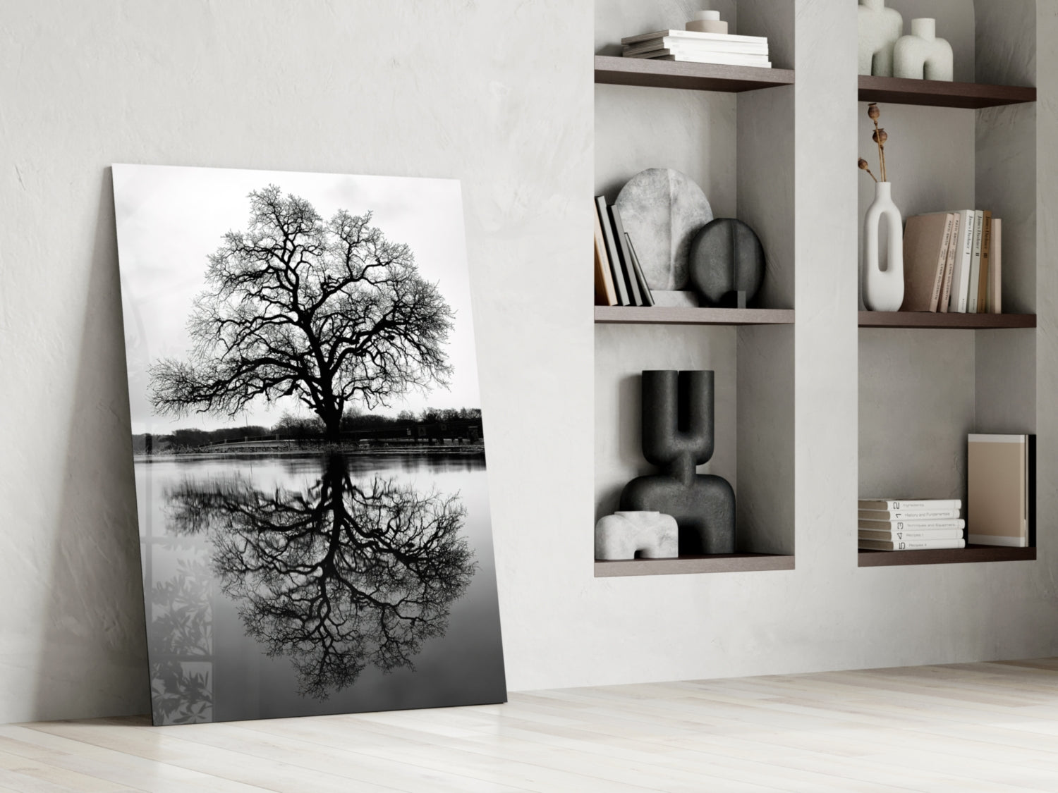 Bare Tree Lake Reflection Black White Glass Wall Art