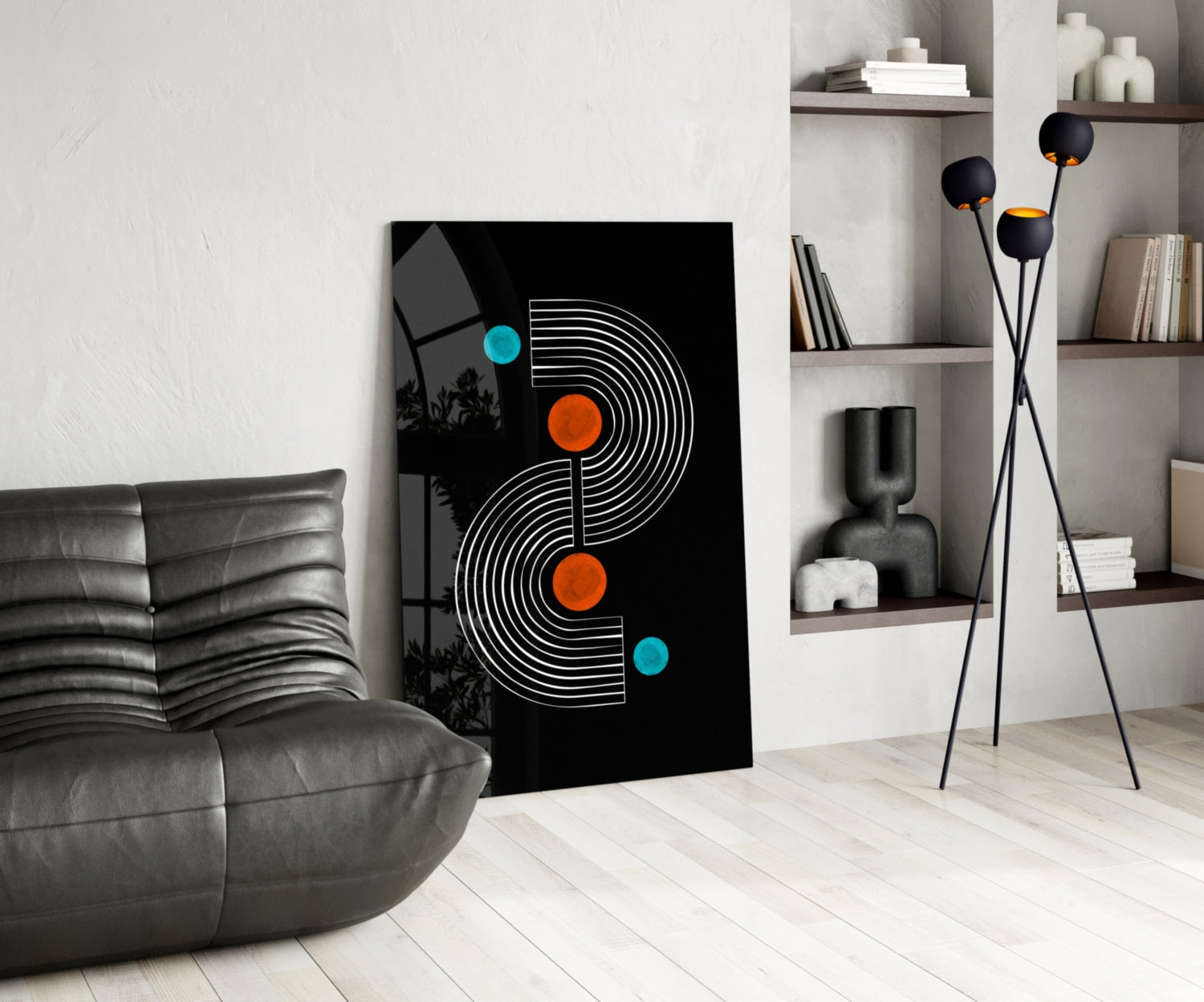 Black Mid Century S Arch Orange Dots Glass Wall Art