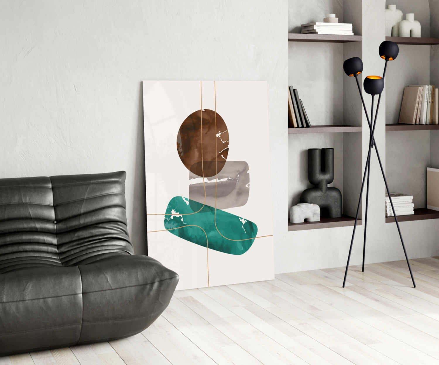 Brown Circle And Teal Capsule Forms Glass Wall Art
