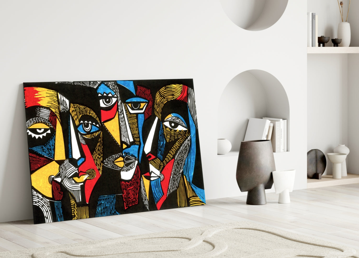 Cubist Faces Red Blue Yellow on Black Glass Wall Art