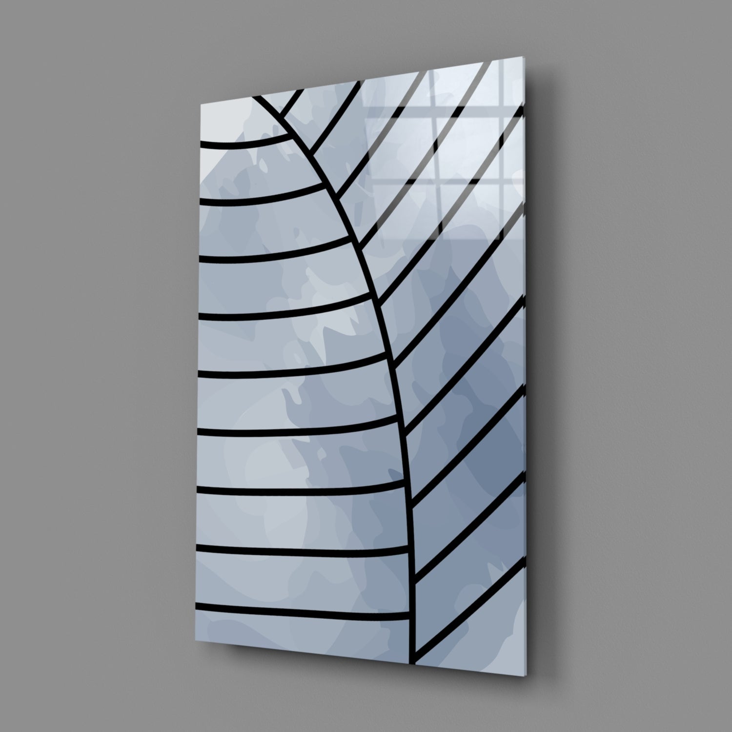 Gray Blue Minimalist Leaf Vein Lines Glass Wall Art