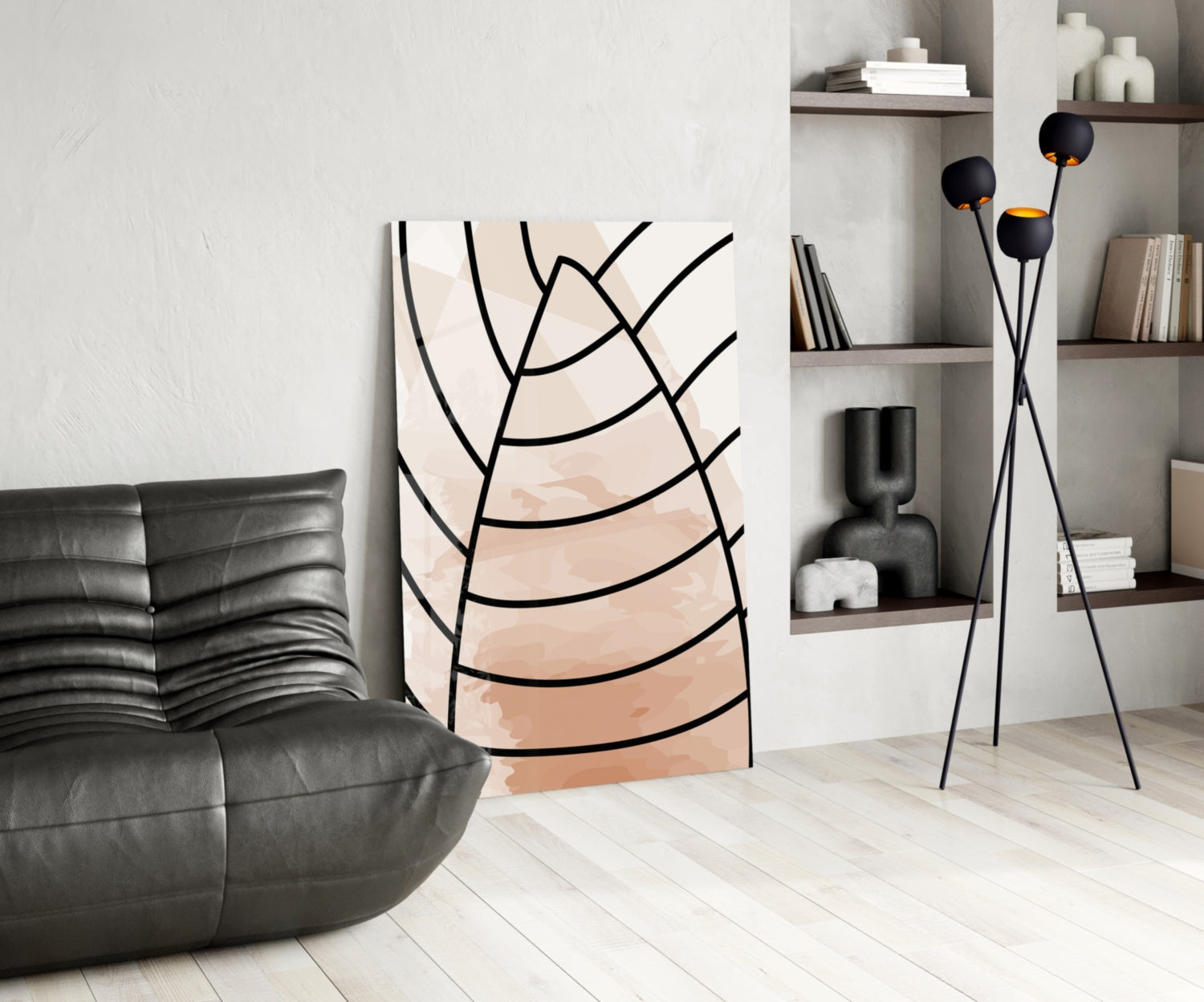 Blush Beige Minimalist Leaf Lines Glass Wall Art