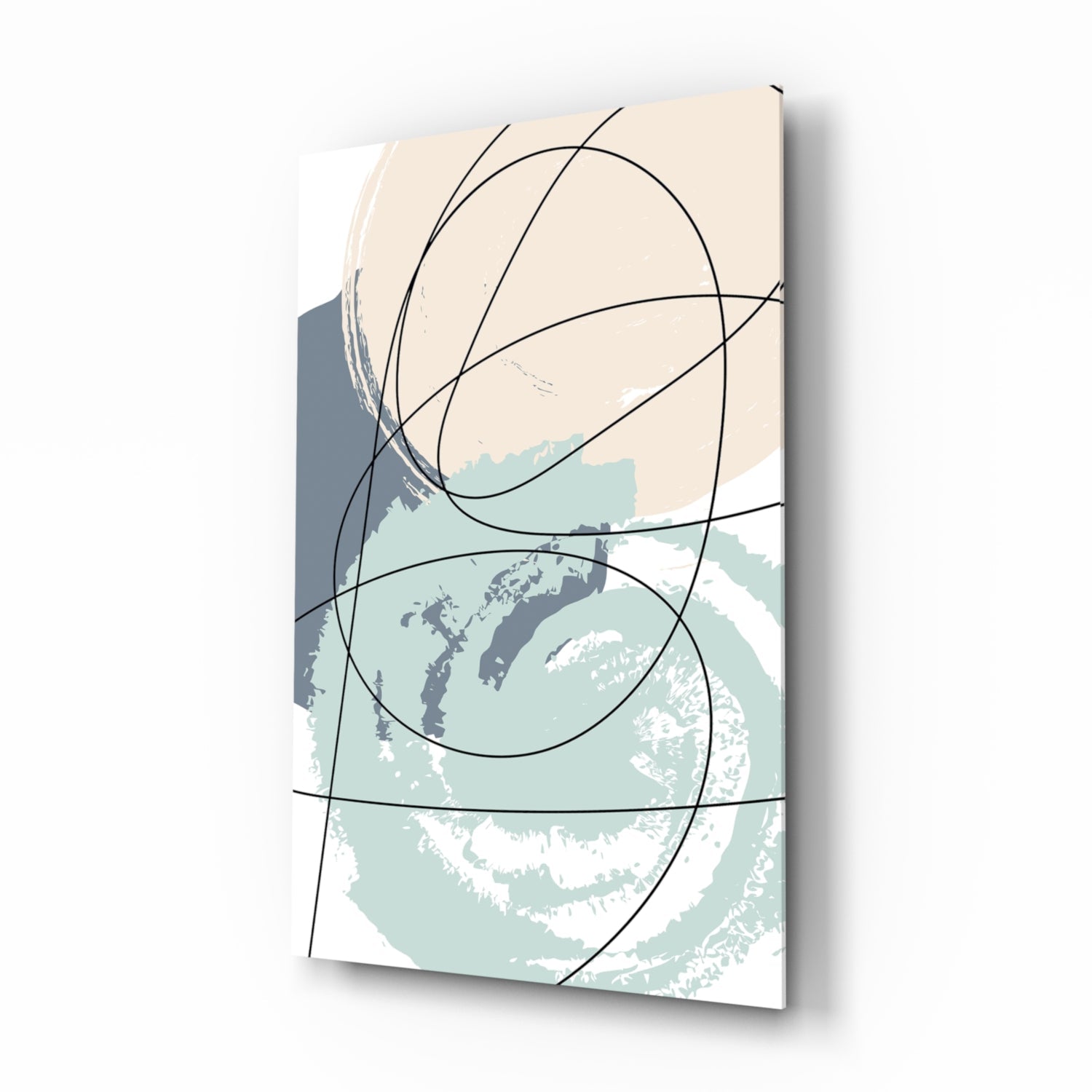 Teal and Beige Brush Circle Lines Glass Wall Art