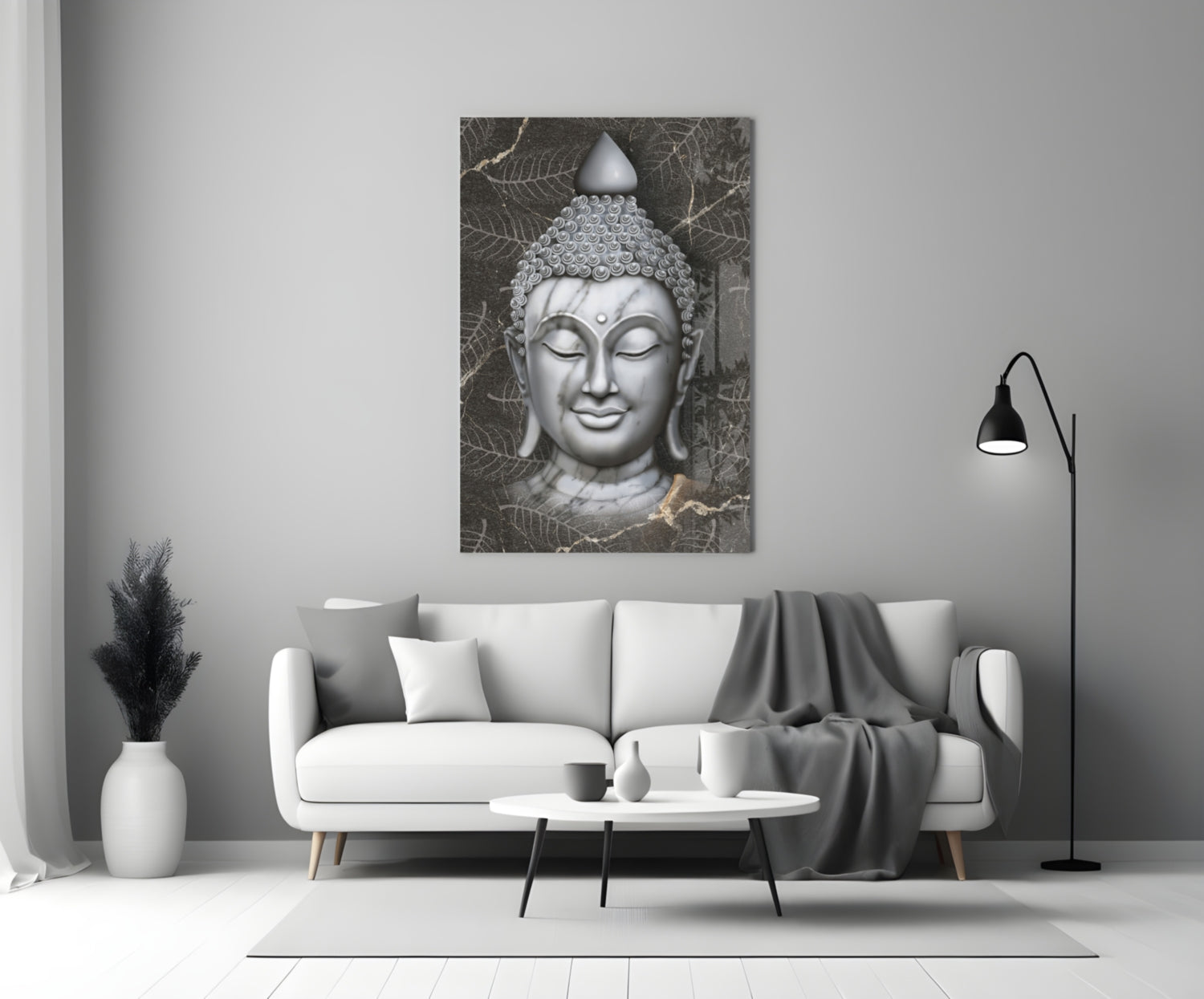 Silver Marble Buddha Head Glass Wall Art