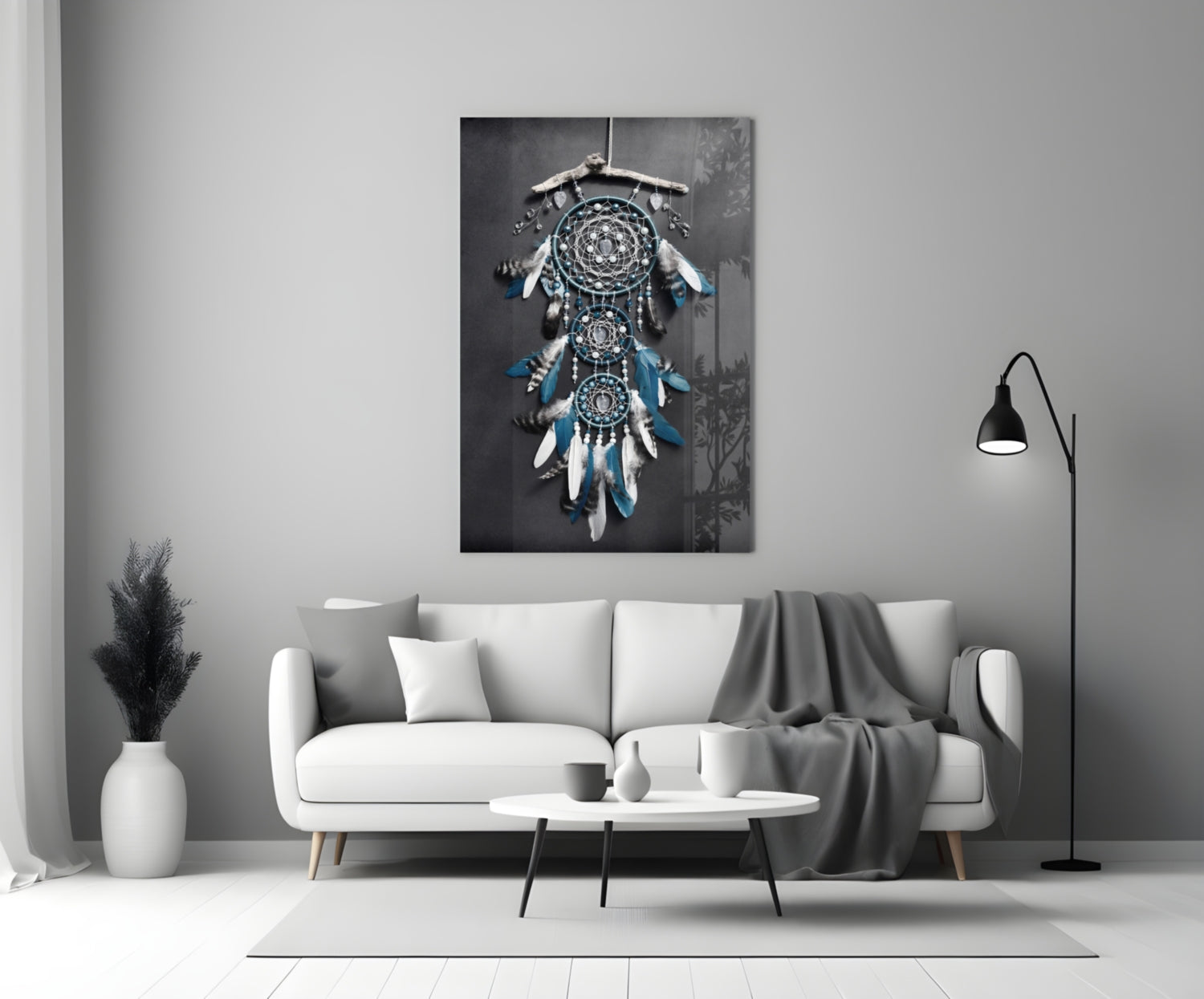 Triple Blue Feather Dreamcatcher Glass Wall Art