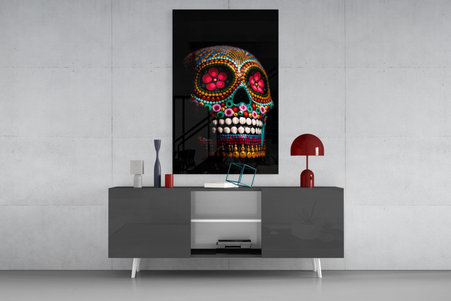 Rainbow Beaded Floral Sugar Skull Glass Wall Art