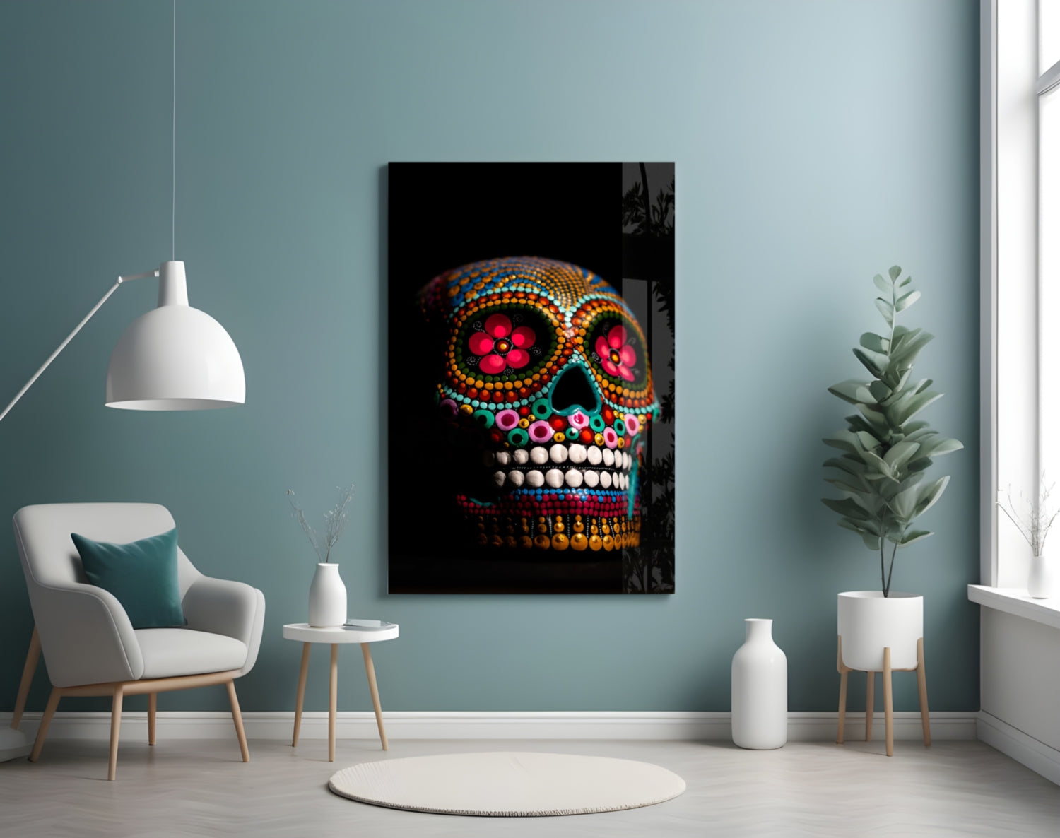 Rainbow Beaded Floral Sugar Skull Glass Wall Art