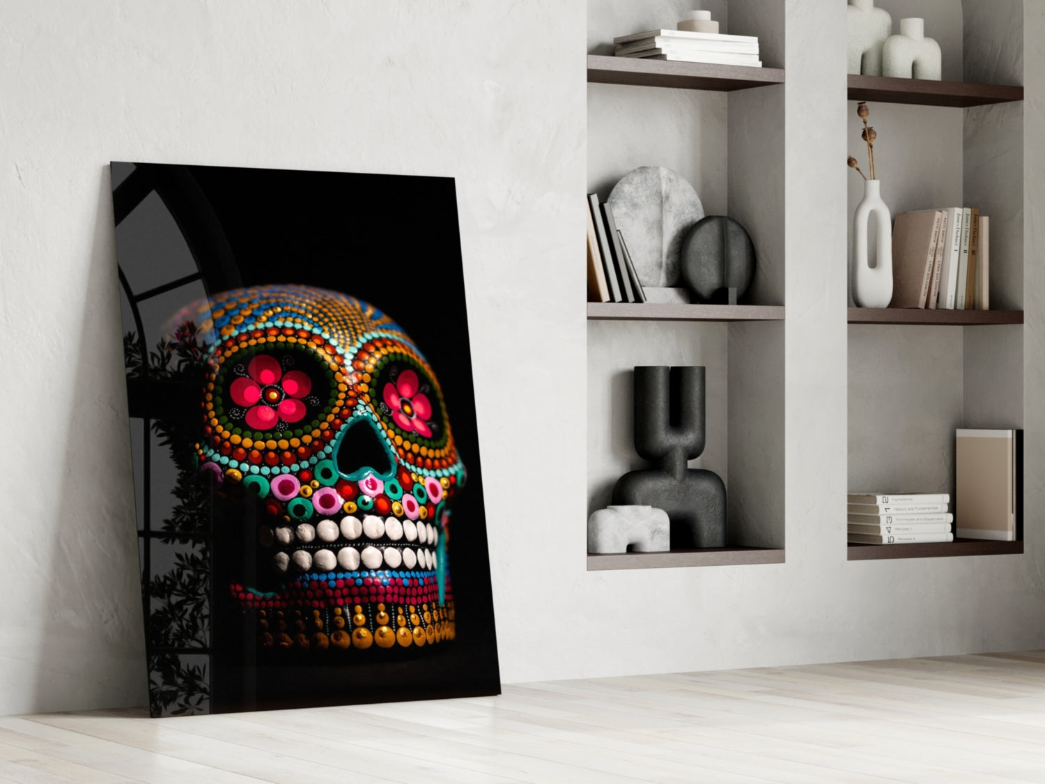Rainbow Beaded Floral Sugar Skull Glass Wall Art