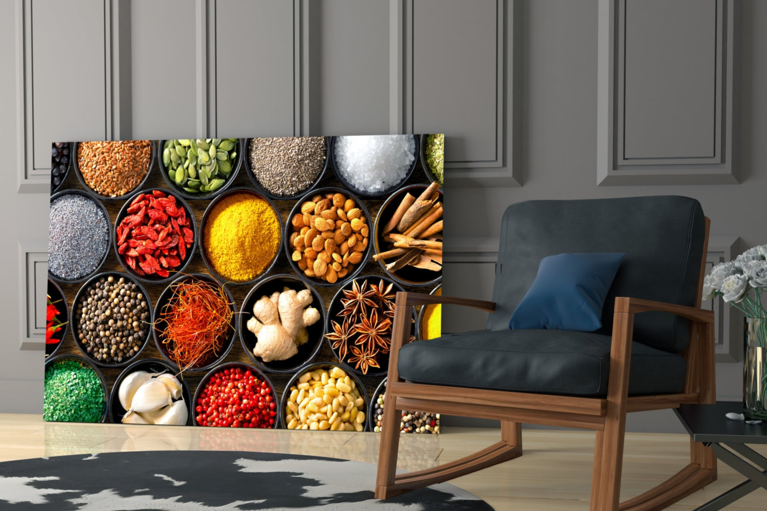 Grid Of Bowls Rainbow Spices Glass Wall Art