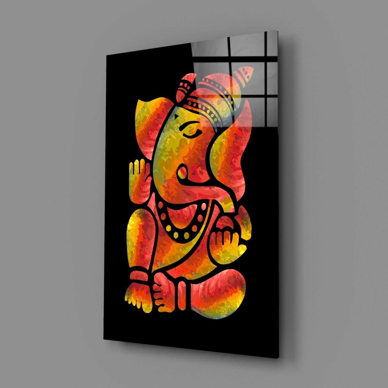 Fiery Red And Yellow Stylized Ganesha Glass Wall Art